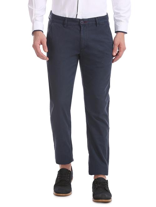 navy blue solid flat front casual trouser - 17816804 - Very Small Image - 1
