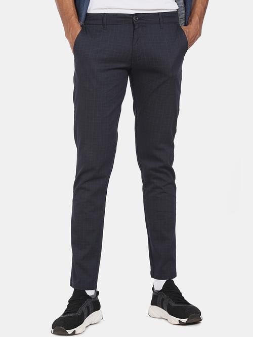 navy blue checkered flat front casual trouser - 17816819 - Very Small Image - 1
