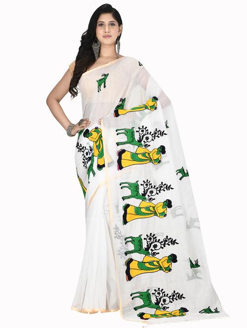 white cotton silk tant saree with blouse - 17820395 - Very Small Image - 1