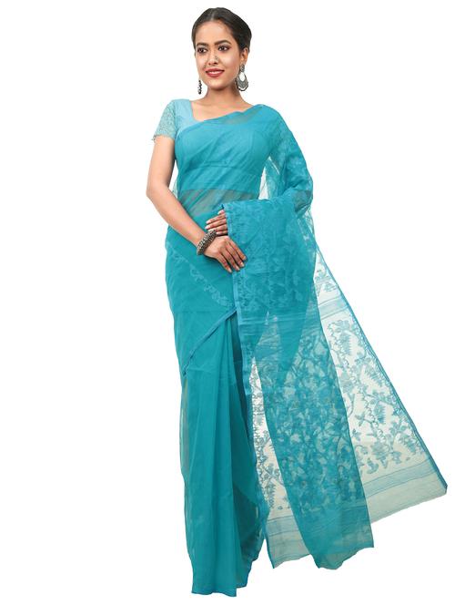 blue cotton silk jamdani saree - 17820546 - Very Small Image - 1
