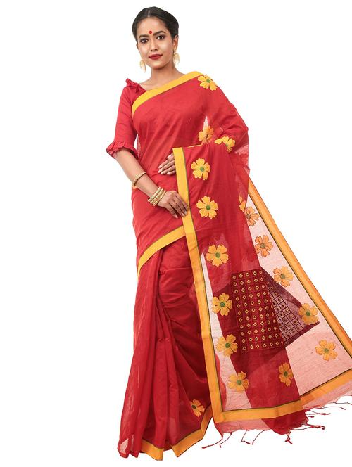 red cotton silk tant saree with blouse - 17820564 - Very Small Image - 1