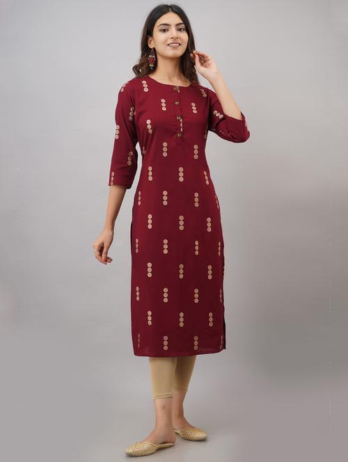 maroon foil print straight kurta - 17829314 - Very Small Image - 1