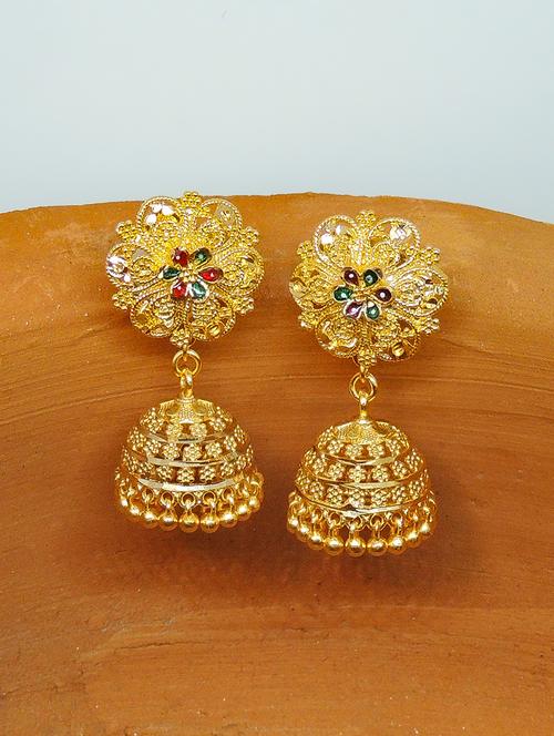 gold brass jhumka earring - 17835409 - Very Small Image - 1