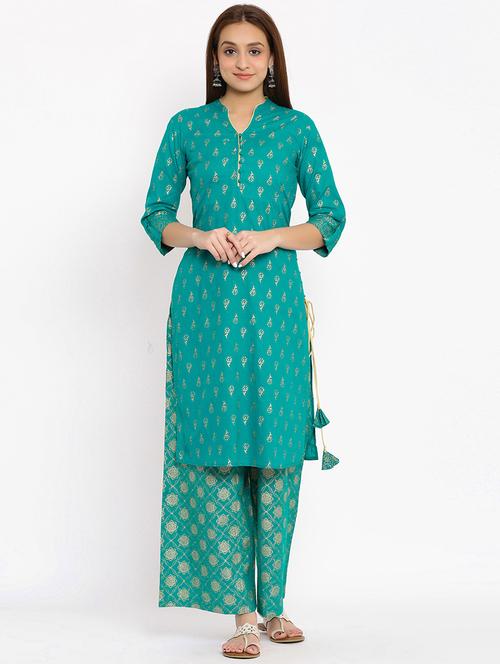 teal foil print straight kurta - 17838047 - Very Small Image - 1