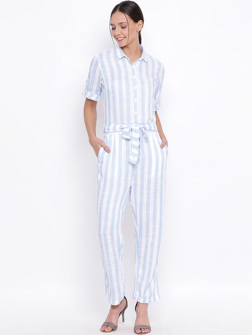 tie front striped full length jumpsuit - 17844291 - Very Small Image - 1