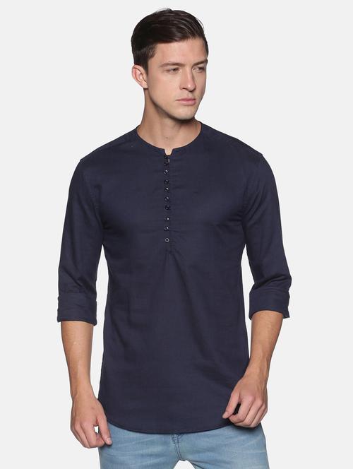 navy blue solid linen short kurta - 17844330 - Very Small Image - 1