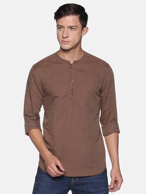 brown solid linen short kurta - 17844335 - Very Small Image - 1