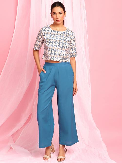 blue & cream top pants set co-ord set - 17846010 - Very Small Image - 1