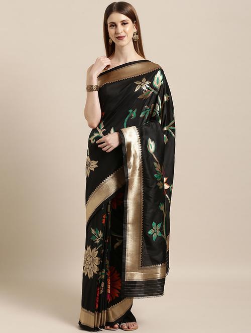 Black Silk Blend Saree With Blouse - 17852859 - Very Small Image - 1