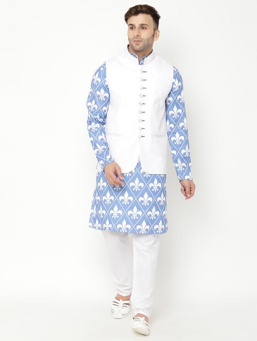 men printed kurta pyjama set with white solid nehru jacket - 17855792 - Very Small Image - 1