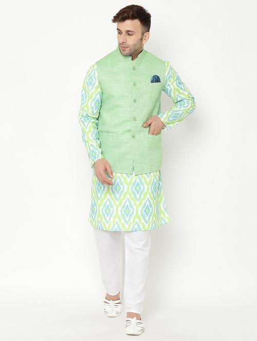green printed kurta pyjama set with green nehru jacket - 17855844 - Very Small Image - 1