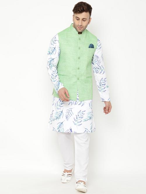 white printed kurta pyjama set with green nehru jacket - 17855848 - Very Small Image - 1