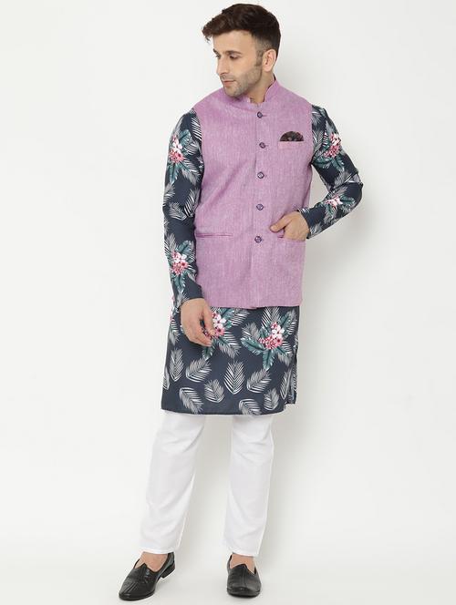 navy blue printed kurta pyjama set with purple solid nehru jacket - 17855871 - Very Small Image - 1