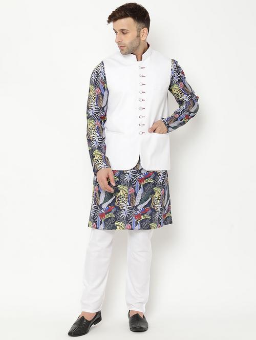 black floral kurta pyjama set with white solid nehru jacket - 17855884 - Very Small Image - 1