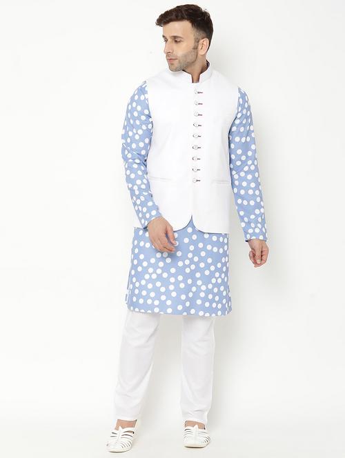 blue printed kurta pyjama set with white solid nehru jacket - 17855890 - Very Small Image - 1