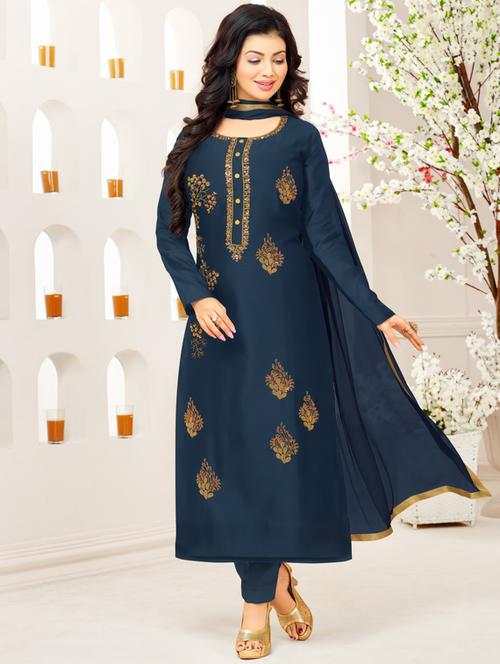 navy cotton semistitched suit - 17856813 - Very Small Image - 1