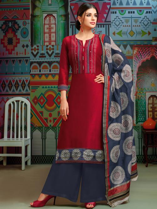 maroon silk semistitched suit - 17856848 - Very Small Image - 1