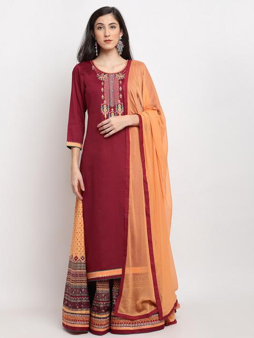 maroon cotton blend semistitched suit - 17860924 - Very Small Image - 1