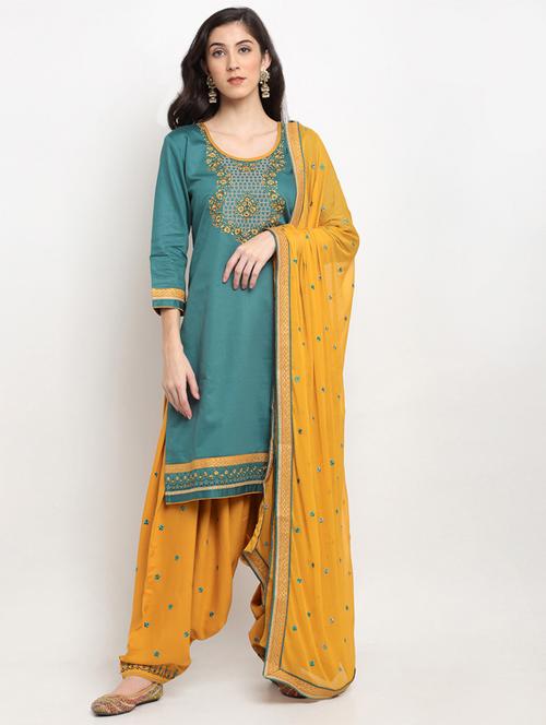 turquoise cotton blend unstitched suit - 17861601 - Very Small Image - 1