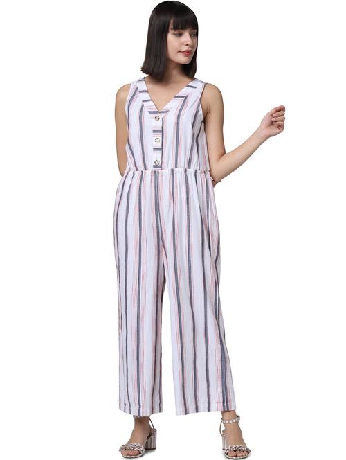 v-neck striped full leg jumpsuit - 17864365 - Very Small Image - 1