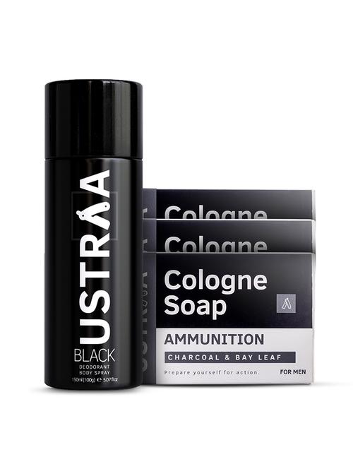 ustraa black deodorant body spray 150 ml & ammunition cologne soap - pack of 3 - 17866952 - Very Small Image - 1