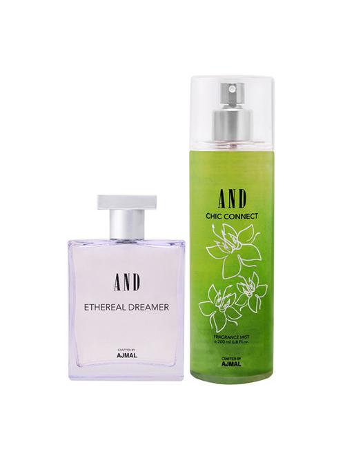 and ethereal dreamer eau de parfum 50ml & chic connect body mist 200ml pack of 2 for women crafted by ajmal + 2 parfum testers - 17867645 - Very Small Image - 1