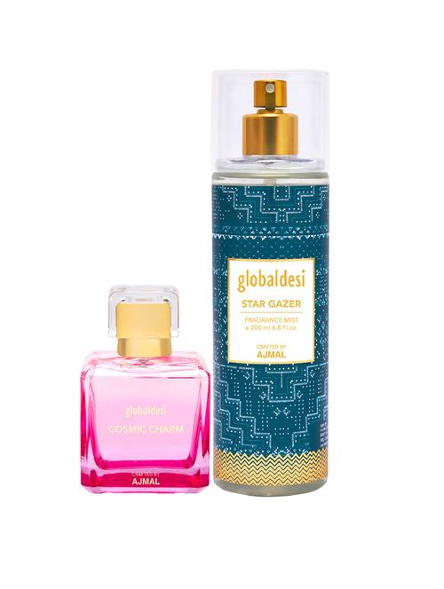 global desi cosmic charm eau de parfum 50ml & star gazer body mist 200ml pack of 2 for women crafted by ajmal + 2 parfum testers - 17869361 - Very Small Image - 1