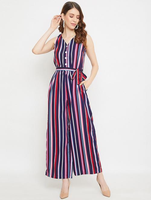 tie front striped full leg jumpsuit - 17869366 - Very Small Image - 1