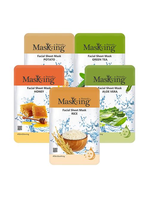 masking beauty facial sheet mask for skin lightening, hydrating, glowing & soothing for women & men combo pack of 5 - 17869523 - Very Small Image - 1
