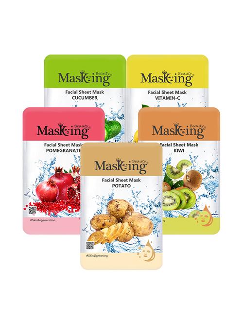 masking beauty facial sheet mask for skin calming, brightening, regenerating & lightening for women & men combo pack of 5 - 17869524 - Very Small Image - 1