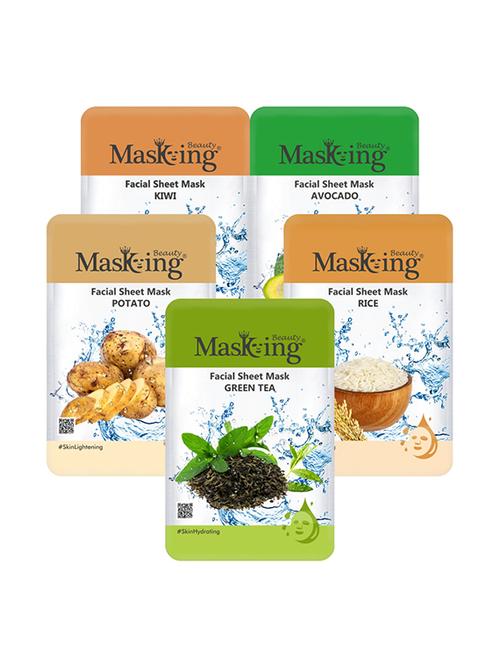masking beauty facial sheet mask for skin lightening, nourishing, glowing & soothing for women & men combo pack of 5 - 17869532 - Very Small Image - 1