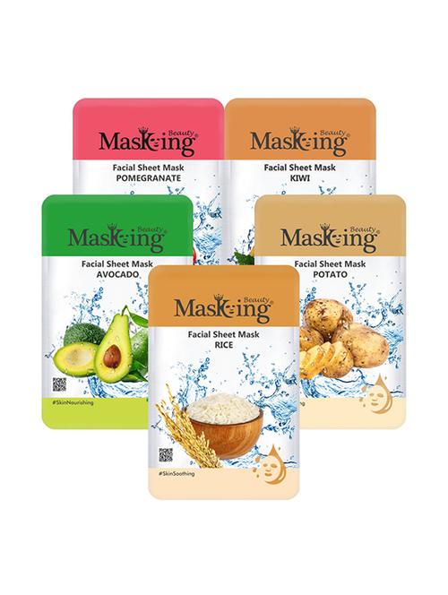 masking beauty facial sheet mask for skin regenerating, lightening, glowing & soothing for women & men combo pack of 5 - 17869535 - Very Small Image - 1
