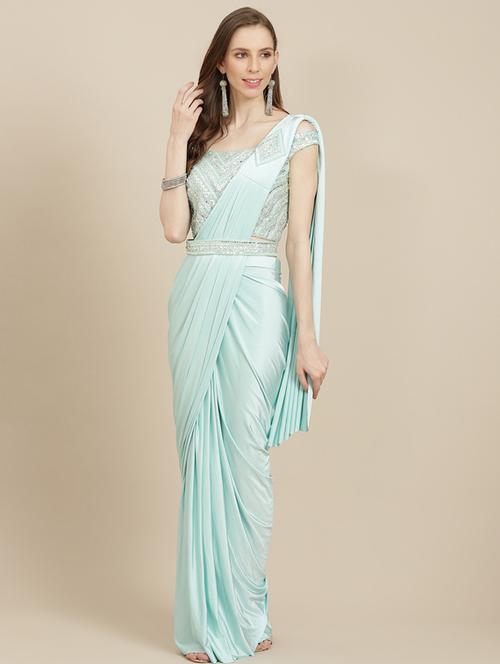 women's solid light blue colored saree with blouse - 17874086 - Very Small Image - 1