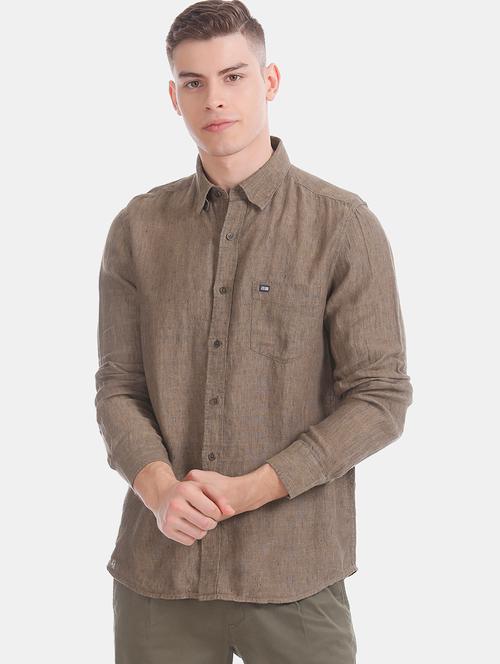 brown solid linen casual shirt - 17875580 - Very Small Image - 1