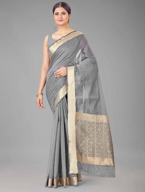 women's bordered grey colored saree with blouse - 17882020 - Very Small Image - 1