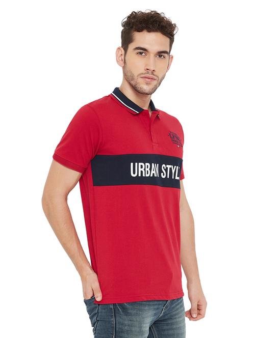 red printed color block polo t-shirt - 17887404 - Very Small Image - 1