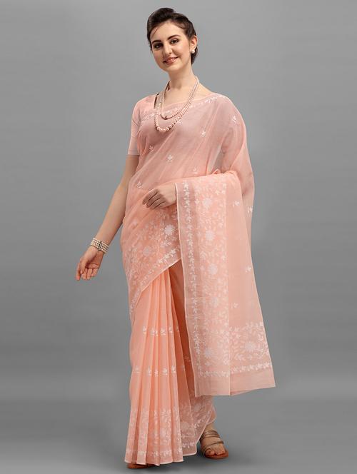 peach cotton embroidered saree with blouse - 17889478 - Very Small Image - 1