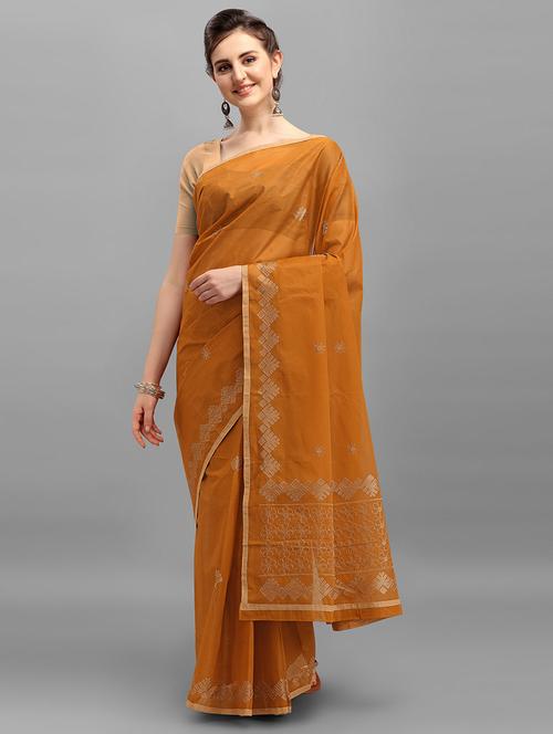mustard cotton embroidered saree with blouse - 17889482 - Very Small Image - 1