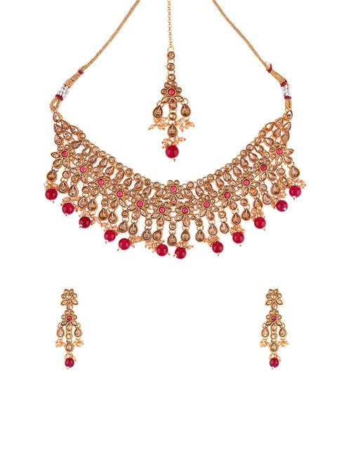 pink kundan choker necklace earring maangtika set - 17899750 - Very Small Image - 1