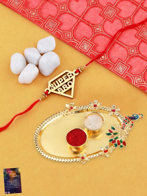 red gold plated thread rakhi with roli chawal kankawati thali and greeting card  - 17900804 - Very Small Image - 1