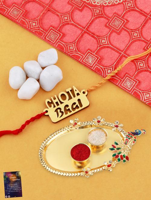 multi colored gold plated thread rakhi with roli chawal kankawati thali and greeting card  - 17900806 - Very Small Image - 1