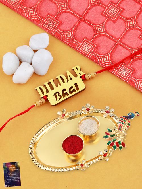 red gold plated thread rakhi with roli chawal kankawati thali and greeting card  - 17900829 - Very Small Image - 1