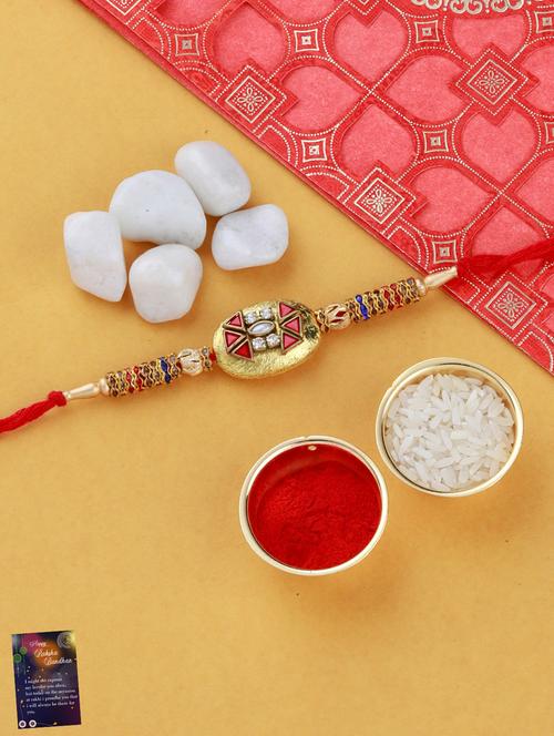 set of 2 gold plated thread rakhi with roli chawal kankawati thali and greeting card  - 17900855 - Very Small Image - 1