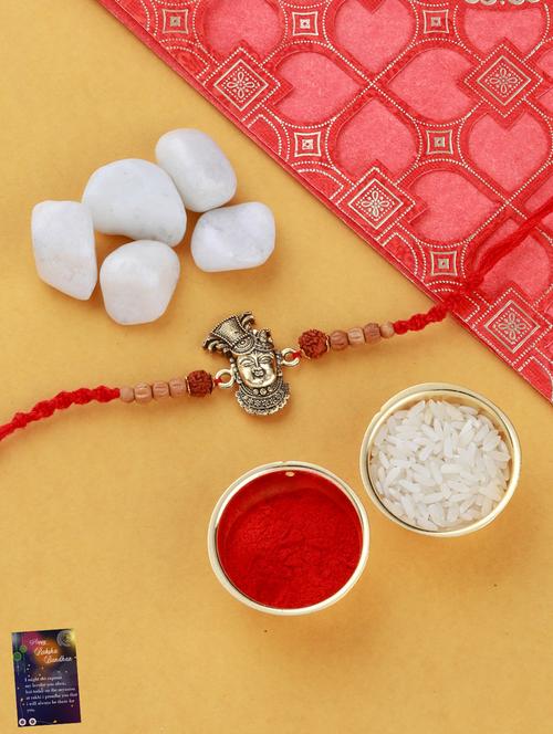 set of 3 gold plated thread rakhi with roli chawal kankawati thali and greeting card  - 17900860 - Very Small Image - 1