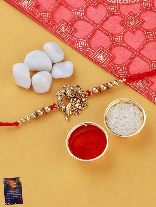 set of 4 gold plated thread rakhi with roli chawal kankawati thali and greeting card  - 17900869 - Very Small Image - 1
