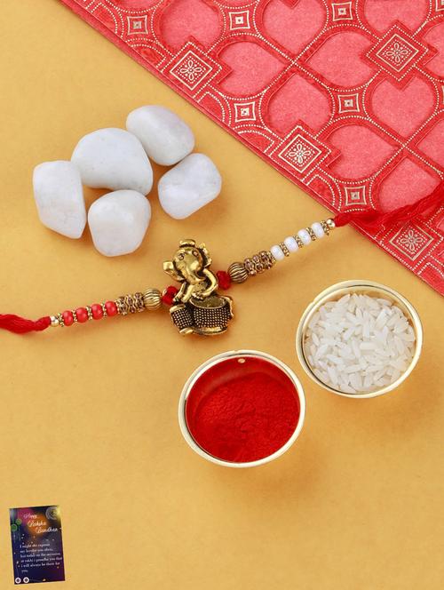 set of 5 gold plated thread rakhi with roli chawal kankawati thali and greeting card  - 17900874 - Very Small Image - 1