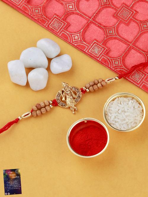 set of 2 gold plated thread rakhi with roli chawal kankawati thali and greeting card  - 17900879 - Very Small Image - 1