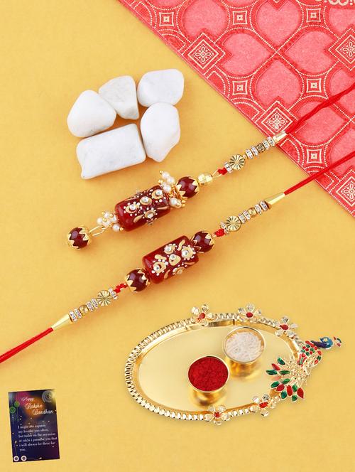 set of 2 thread rakhi with roli chawal kankawati thali and greeting card  - 17900898 - Very Small Image - 1
