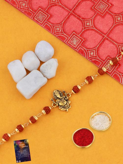 gold plated bracelet rakhi with roli chawal and greeting card  - 17900908 - Very Small Image - 1
