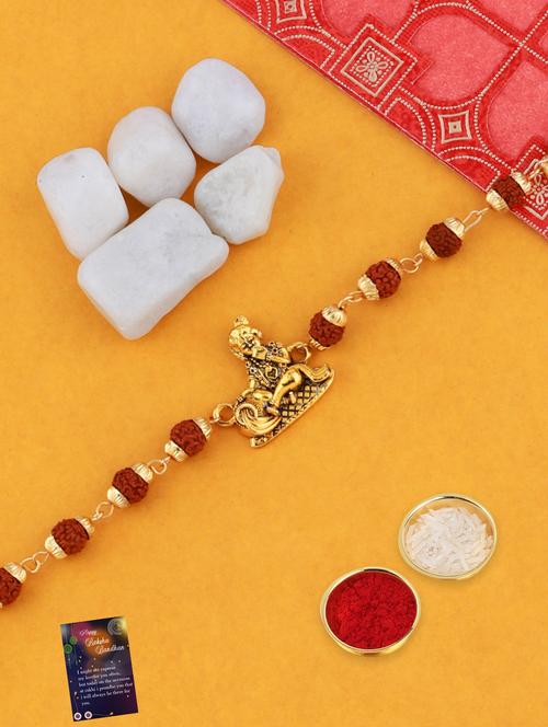 gold plated bracelet rakhi with roli chawal and greeting card  - 17900912 - Very Small Image - 1